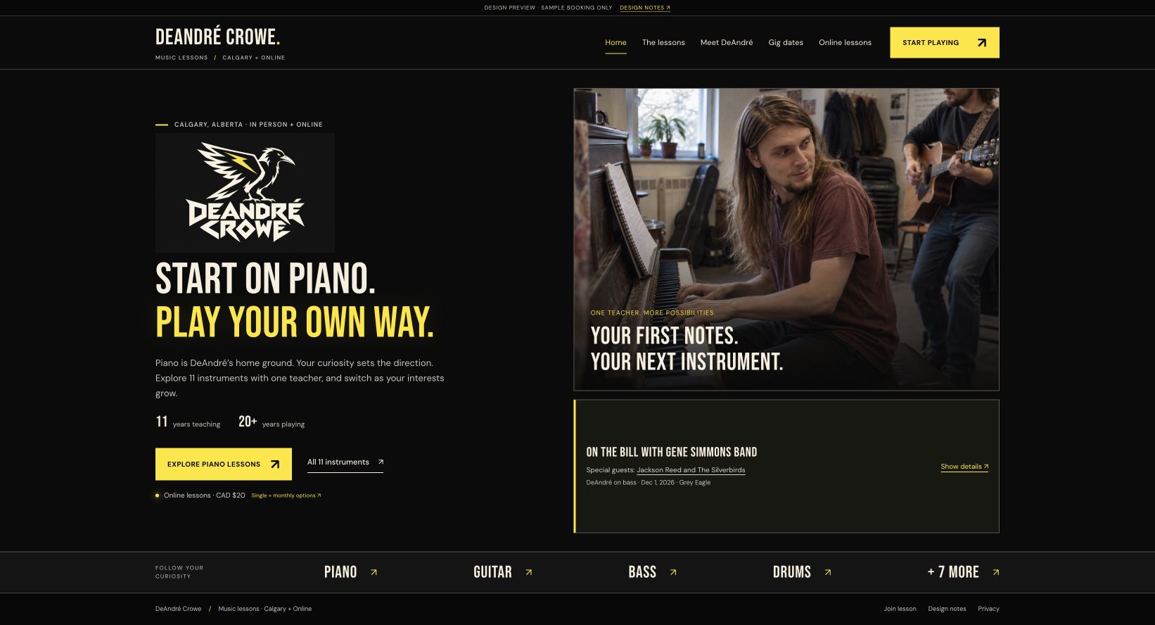 DeAndré Crowe Music website with its crow logo, piano-led introduction and black, cream and yellow identity